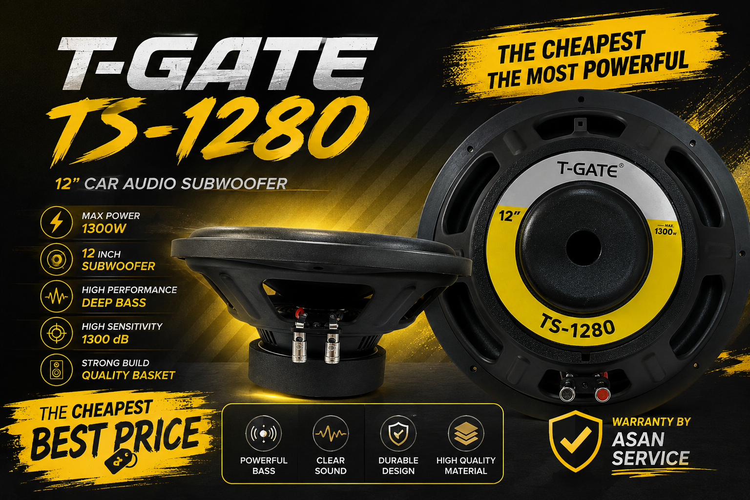 ساب‌ووفر T-GATE TS-1280 سایز ۱۲ اینچ، مناسب برای تقویت بیس سیستم صوتی خودرو. طراحی مقاوم، امپدانس ۴ اهم و حداکثر توان ۱۳۰۰ وات. دارای گارانتی آسان سرویس